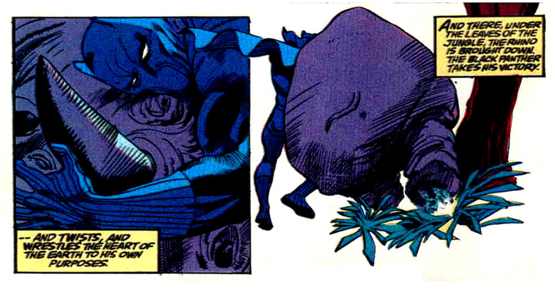 Wakanda’s Black Panther castrating rhinos isn’t exactly canon, but it would make a lot of sense. Black Panther #1 (1988)